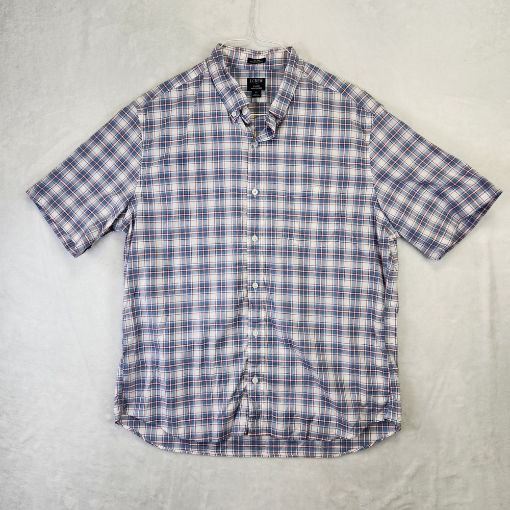 JCrew Mens XL Slim Untucked Flex‎ Washed Short Sleeve Plaid Button Up Shirt Blue